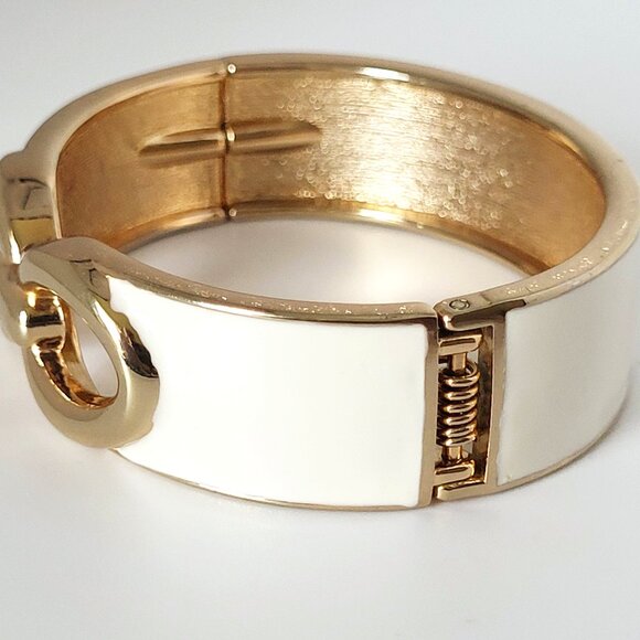 Off White Enamel & Gold Tone Hinge Clamp Bangle Bracelet 6.75" - Picture 6 of 6
